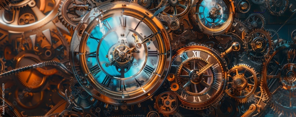 Steampunk collage with mechanical gears, clocks, and Victorian imagery, 4K hyperrealistic photo Steampunk collage with mechanical gears, clocks, and Victorian imagery, 4K hyperrealistic photo