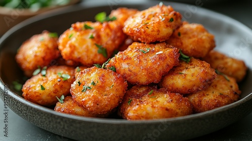 Crispy Fried Potato Bites with Parsley Garnish in a Gray Bowl