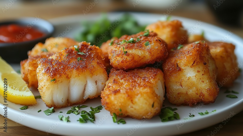 Close-up of Crispy Fried Fish Bites with Parsley and Lemon Wedge Close-up of Crispy Fried Fish Bites with Parsley and Lemon Wedge