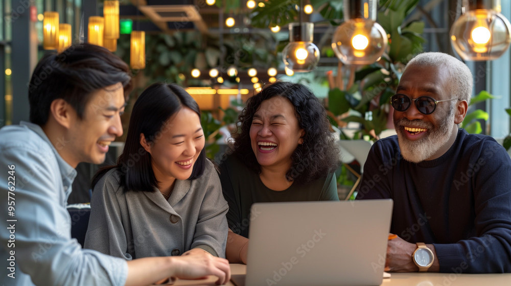 Diverse group of friends laughing together while using a laptop in a cafe Diverse group of friends laughing together while using a laptop in a cafe