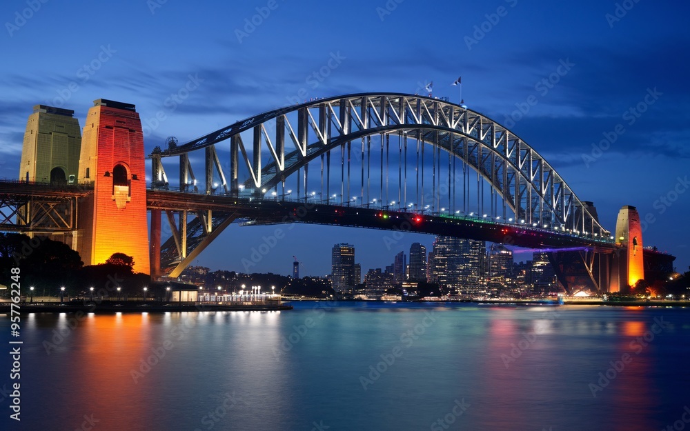 Harbour Bridge at Night: Illuminated Sydney Skyline with Reflections Background Harbour Bridge at Night: Illuminated Sydney Skyline with Reflections Background