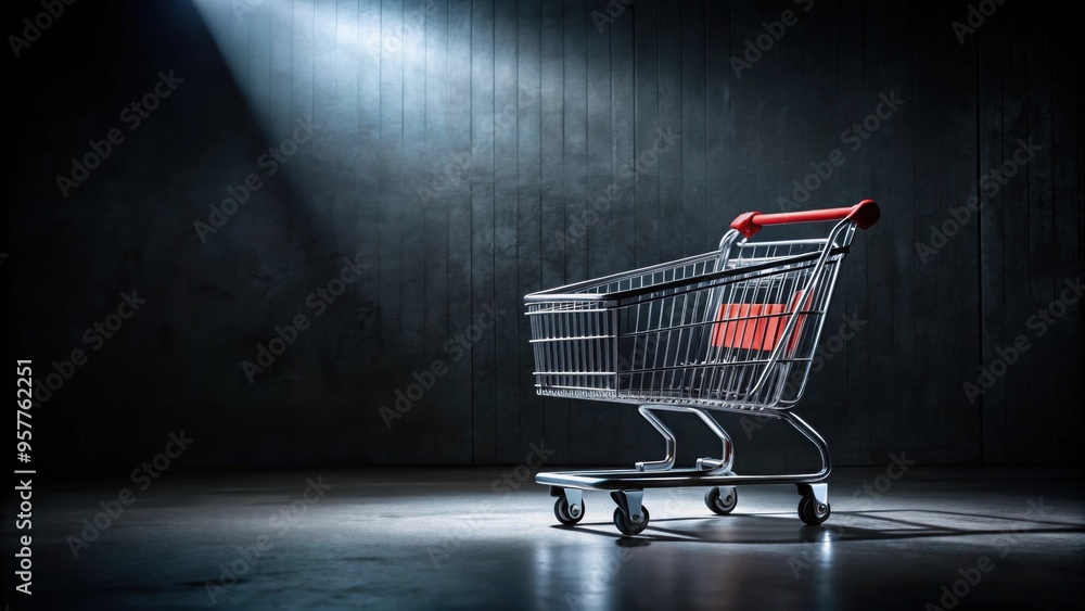 Empty shopping cart in a dark interior , abandonment, consumerism, retail, forgotten, e-commerce Empty shopping cart in a dark interior , abandonment, consumerism, retail, forgotten, e-commerce