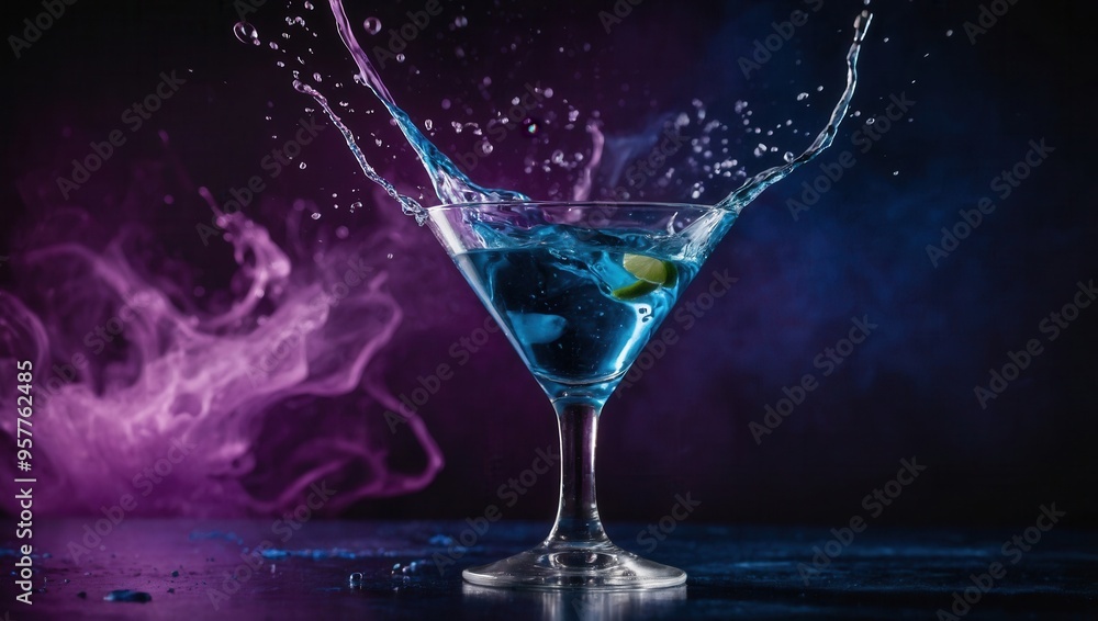 A martini glass filled with blue liquid and a lime wedge A martini glass filled with blue liquid and a lime wedge