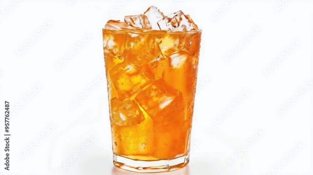 Glass of orange soda with ice cubes is isolated on a white background. Glass of orange soda with ice cubes is isolated on a white background.