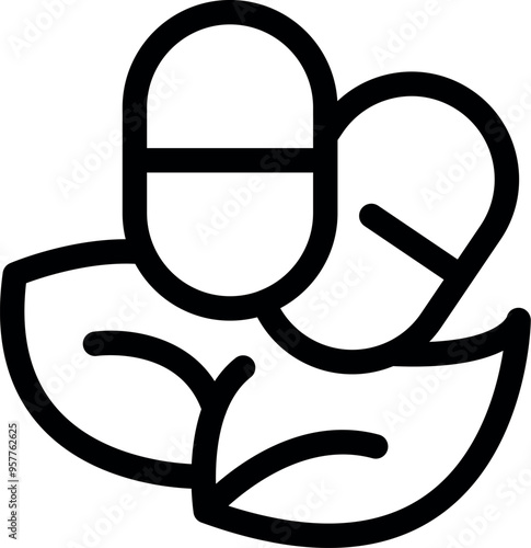 Line art icon of two pills lying on top of two leaves representing herbal medicine and homeopathic treatment