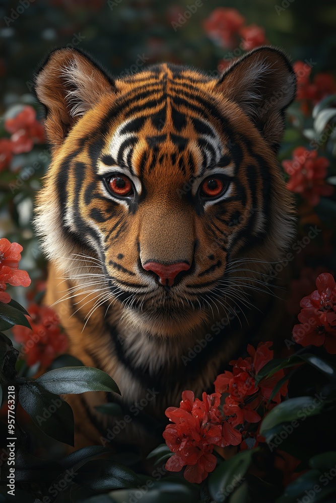 Illustration of a young tiger surrounded by red flowers in a dark, lush garden Illustration of a young tiger surrounded by red flowers in a dark, lush garden