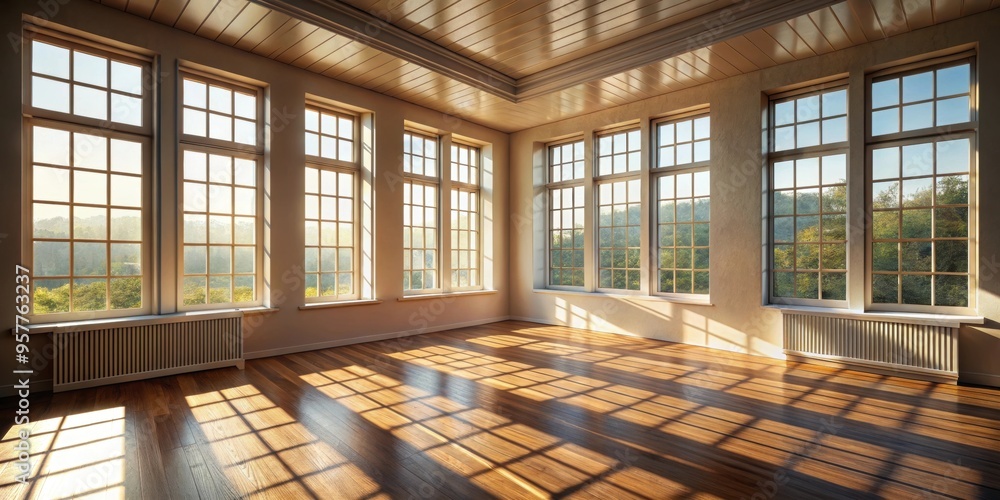 Obraz premium A sunny room with windows, casting shadows on various objects, sunny, room, windows, shadows, objects, bright, interior