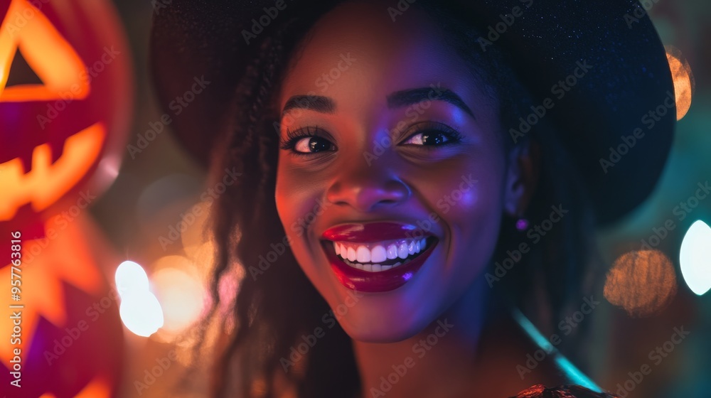 A vibrant portrait of a smiling black woman wearing a creative halloween costume. The woman has a cheerful and infectious expression, full of energy and festive spirit. A vibrant portrait of a smiling black woman wearing a creative halloween costume. The woman has a cheerful and infectious expression, full of energy and festive spirit.