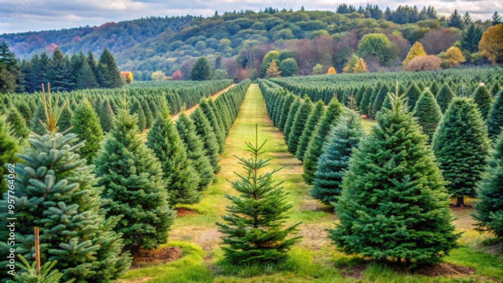 Naklejka premium A picturesque Christmas tree farm with rows of evergreen trees, Christmas, tree, farm, holiday, season, winter