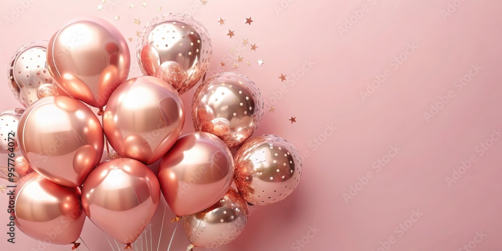 Rose gold foil balloons on a pastel pink background card, rose gold, foil, balloons, pastel pink, background, card, celebration Rose gold foil balloons on a pastel pink background card, rose gold, foil, balloons, pastel pink, background, card, celebration