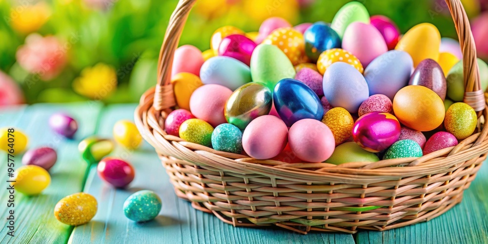 Close-up of a colorful Easter egg basket filled with candies and decorations, Easter, egg, basket, close-up, colorful Close-up of a colorful Easter egg basket filled with candies and decorations, Easter, egg, basket, close-up, colorful