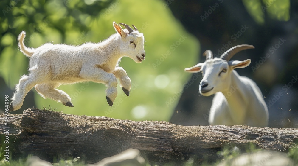 Fototapeta premium Playful Goat Kid Jumping Over a Log