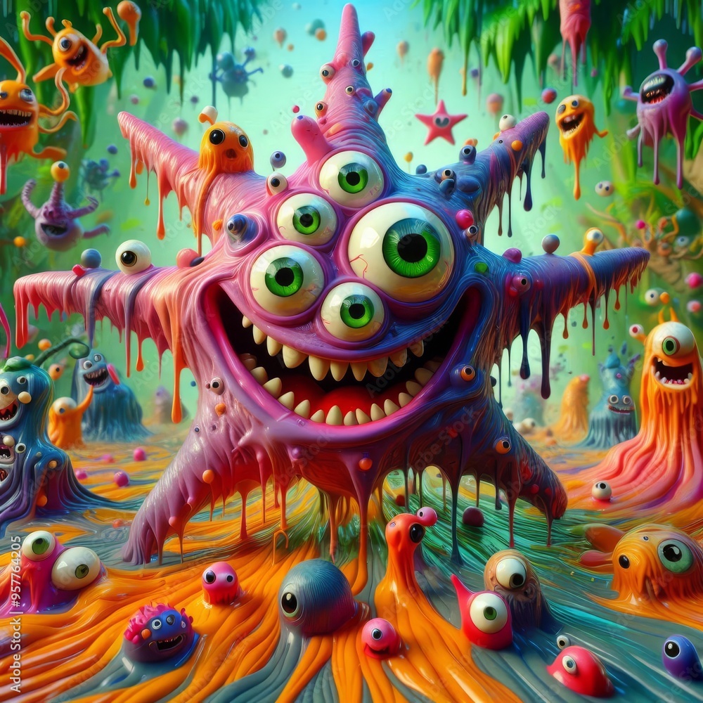 A Vibrant Gathering of Quirky Monsters in a Melting Fantasy World Filled with Whimsical Colors and Playful Vibes A Vibrant Gathering of Quirky Monsters in a Melting Fantasy World Filled with Whimsical Colors and Playful Vibes