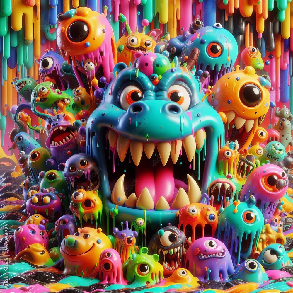 A Whimsical Assembly of Colorful Monsters with Big Eyes and Playful Expressions Evoking a Fun and Quirky Atmosphere in Vibrant Hues. A Whimsical Assembly of Colorful Monsters with Big Eyes and Playful Expressions Evoking a Fun and Quirky Atmosphere in Vibrant Hues.