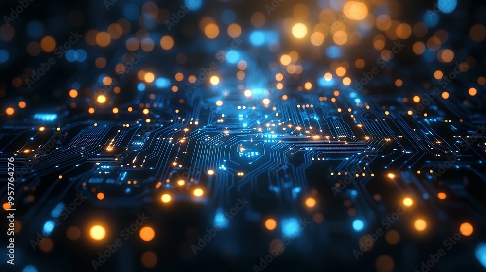 Abstract Circuit Board with Glowing Orange and Blue Lights Abstract Circuit Board with Glowing Orange and Blue Lights
