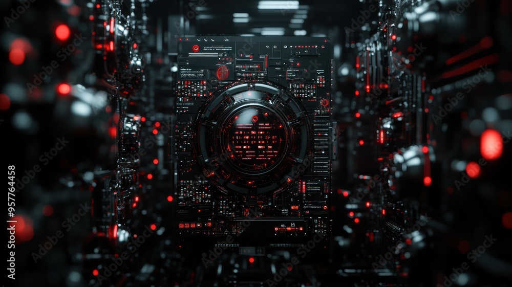 High-tech server room with a central, glowing red cyber core, symbolizing advanced cybersecurity or artificial intelligence processing. High-tech server room with a central, glowing red cyber core, symbolizing advanced cybersecurity or artificial intelligence processing.