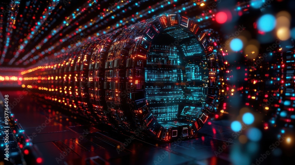 An advanced data center equipped with high-tech servers and glowing neon interfaces, representing the forefront of technology and powerful digital processing. An advanced data center equipped with high-tech servers and glowing neon interfaces, representing the forefront of technology and powerful digital processing.