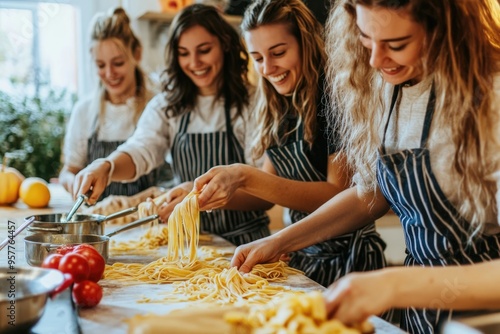 Friends in aprons, learning to make homemade pasta together in a fun and interactive cooking class