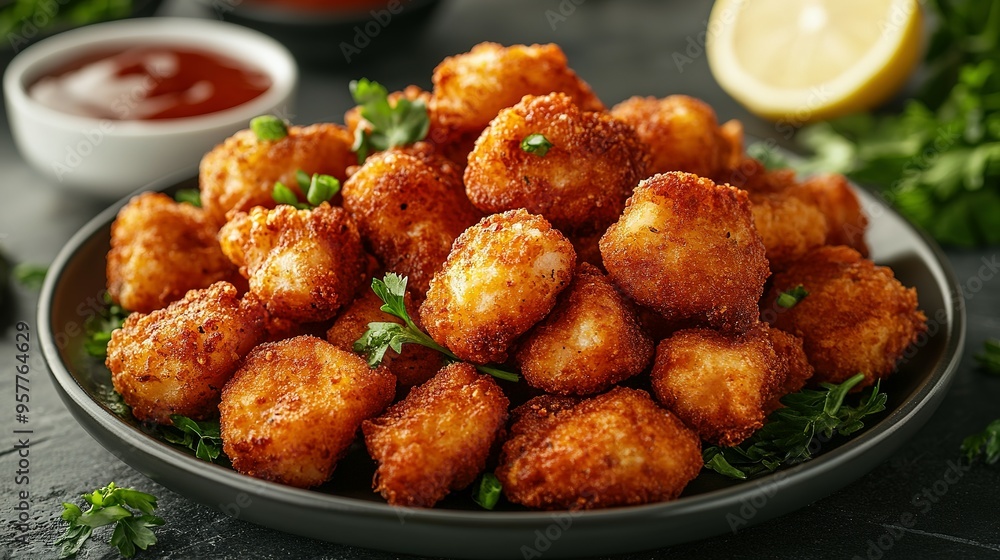 Crispy Fried Potato Balls with Parsley and Sauce Crispy Fried Potato Balls with Parsley and Sauce