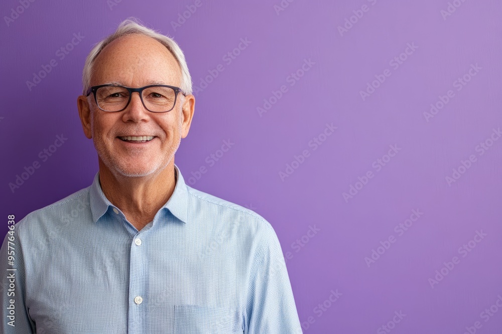 Half body shot of a senior man presenter, smiling, in front of a solid light purple background with copy space Half body shot of a senior man presenter, smiling, in front of a solid light purple background with copy space