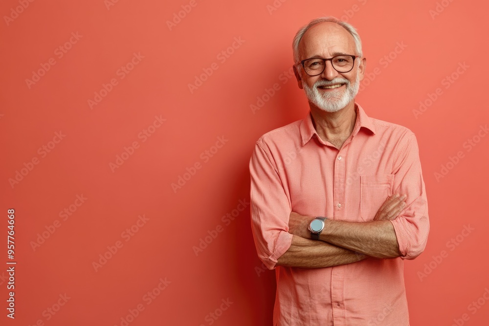Fototapeta premium Senior male presenter, smiling confidently, in front of a solid light coral background with ample space for copy