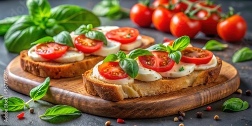 Fresh and delicious Caprese toast topped with mozzarella, tomatoes, and basil , Caprese, toast, mozzarella, tomatoes