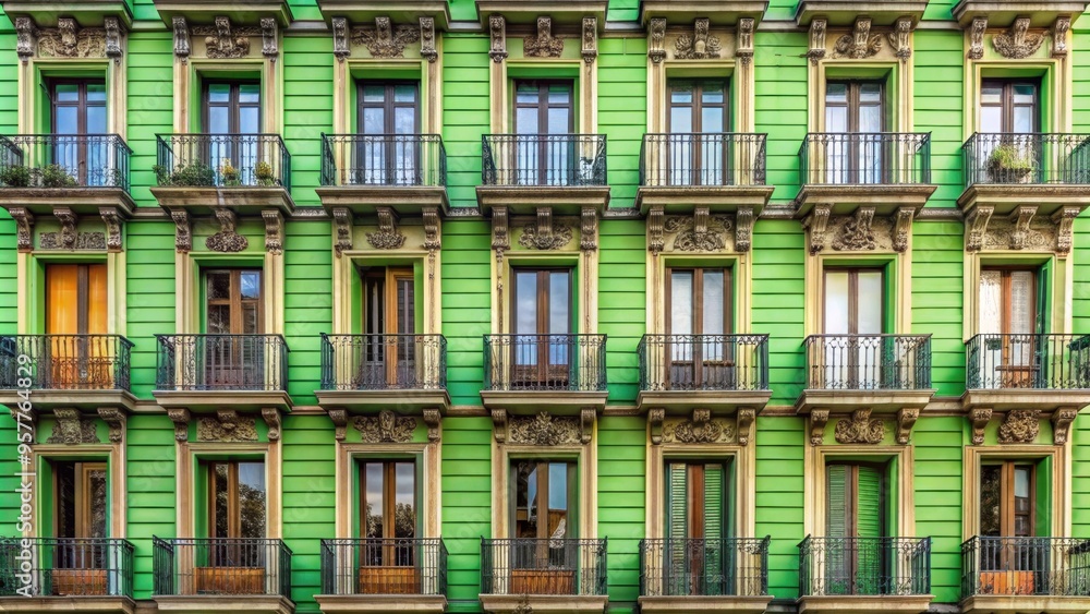 Green building facade details in Barcelona, Spain Green building facade details in Barcelona, Spain