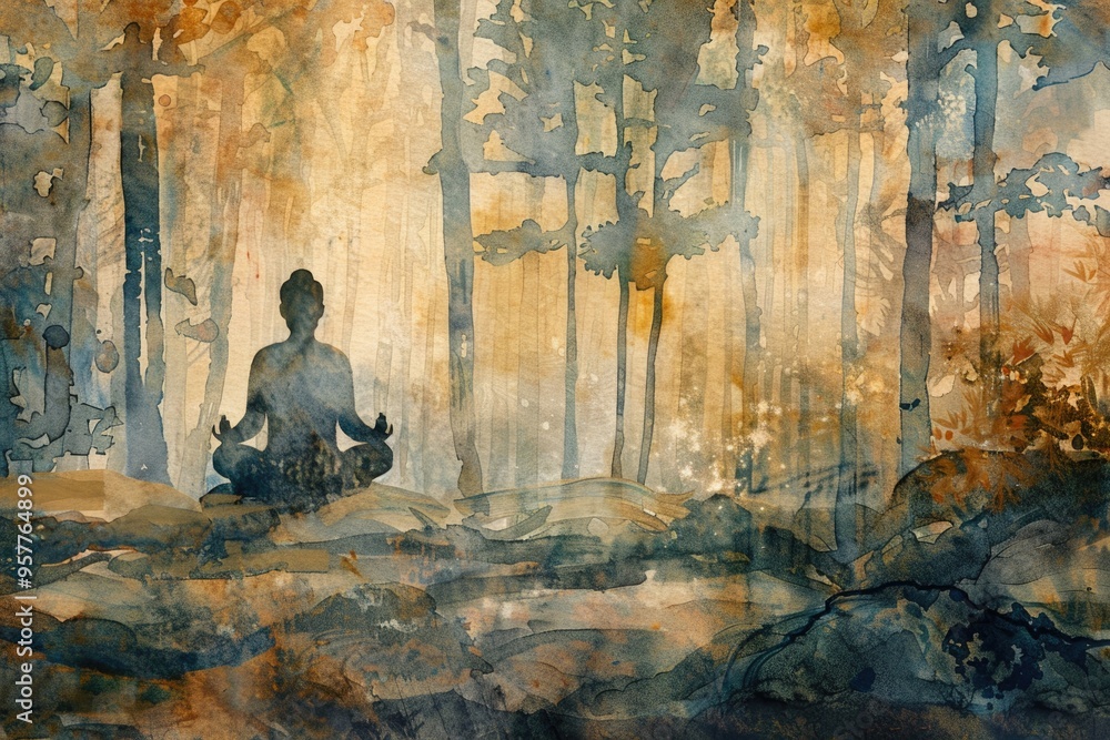 Siddhartha meditating in the forest, with soft, muted watercolor tones creating a serene atmosphere Siddhartha meditating in the forest, with soft, muted watercolor tones creating a serene atmosphere