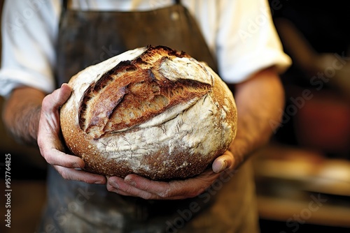 A close-up of a baker cradling a freshly baked loaf of bread in a rustic kitchen, where the warmth and aroma of home fill the air photo