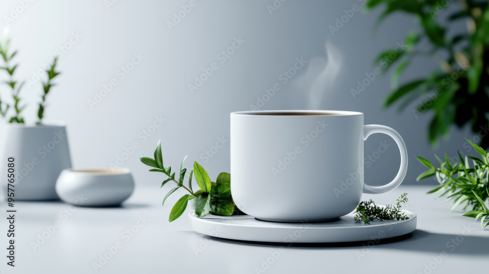 A steaming white coffee mug on a saucer surrounded by fresh green leaves and plants, creating a minimalist aesthetic.