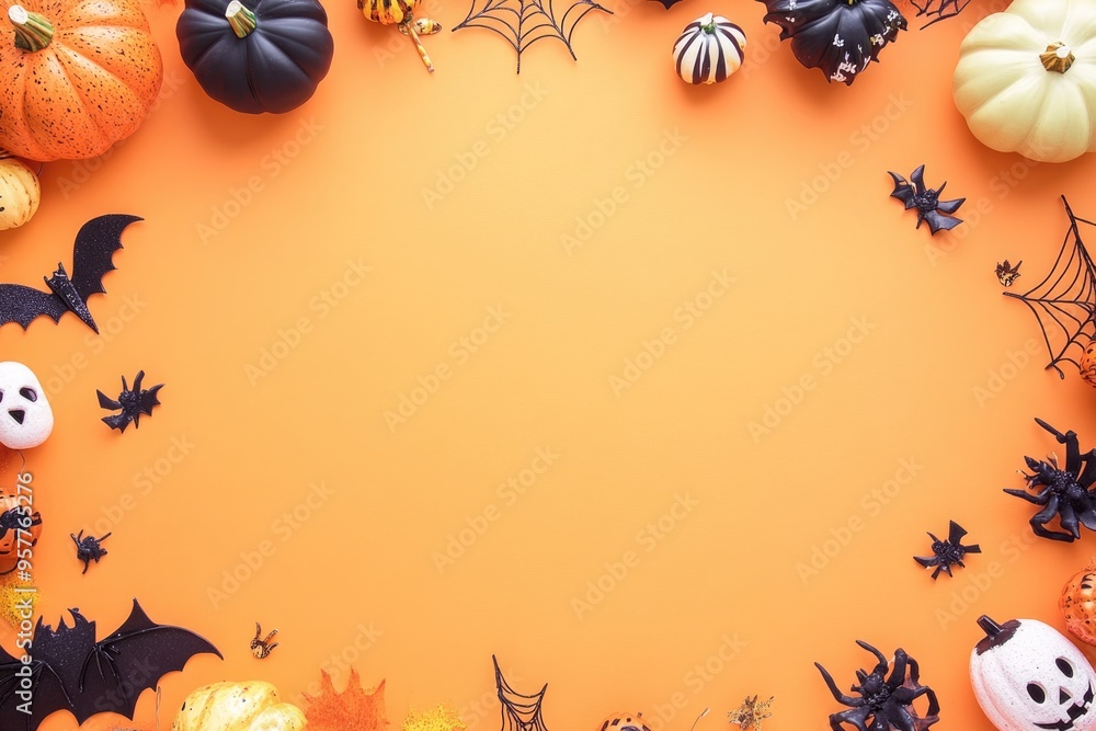 Fototapeta premium Halloween-themed flat lay with spooky decorations on an orange background, creating a festive border around an empty space for custom text