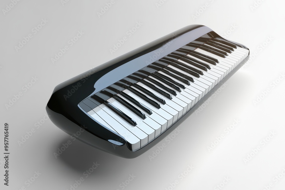 A sleek black keyboard with white keys, perfect for music concepts and artistic designs in modern settings. A sleek black keyboard with white keys, perfect for music concepts and artistic designs in modern settings.