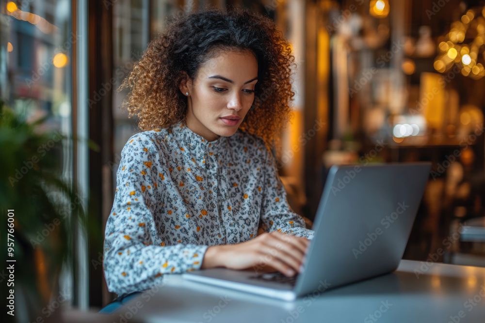 A brightly lit, high-resolution image of a young woman marketer, her expression focused as she types on her laptop, the scene styled to reflect a high-end lifestyle A brightly lit, high-resolution image of a young woman marketer, her expression focused as she types on her laptop, the scene styled to reflect a high-end lifestyle