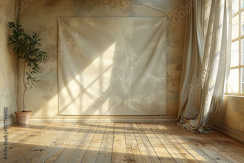 A dimly lit, empty room with Roman curtains, a blank wall, and wooden flooring serves as an abstract indoor setting for a game or cartoon, evoking a sense of mystery and potential for creative storyte photo