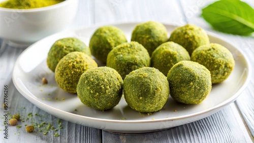 Vegan protein matcha green tea balls arranged on a white plate for a healthy homemade snack, vegan, protein, matcha, green tea photo