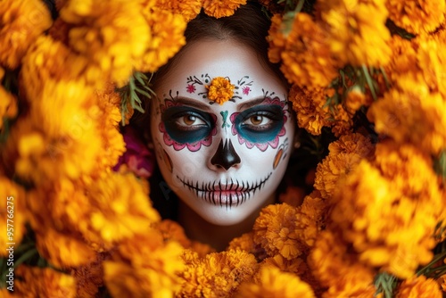 High-resolution brightly lit photorealistic photograph of a young woman with Mexican skull make-up art, her face framed by marigolds, embodying the spirit of DÃ­a de los Muertos. The photograph is photo