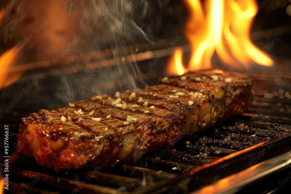 Perfectly cooked steak sizzling on the grill, flames rising Perfectly cooked steak sizzling on the grill, flames rising