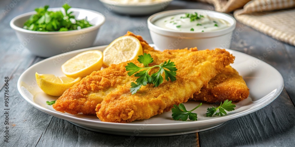Golden fried fish fillet served with tartar sauce, lemon wedges, and parsley , crispy, delicious, seafood, meal Golden fried fish fillet served with tartar sauce, lemon wedges, and parsley , crispy, delicious, seafood, meal