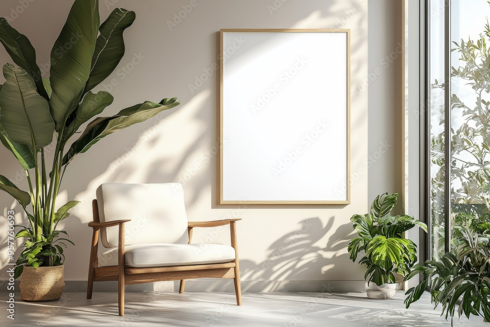 Poster Frame in Beige minimalist living room interior created with generative AI Poster Frame in Beige minimalist living room interior created with generative AI