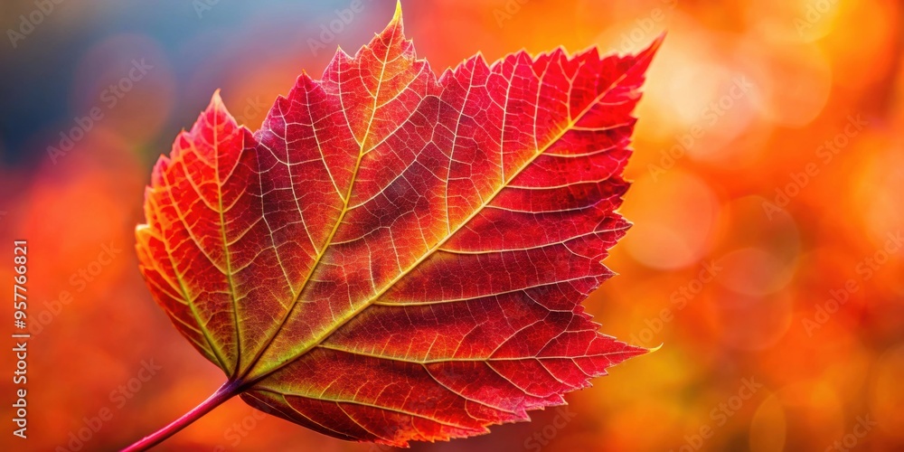 Fototapeta premium Vibrant red autumn leaf close-up , fall, seasonal, foliage, nature, red, vibrant, close-up, macro, texture, colorful