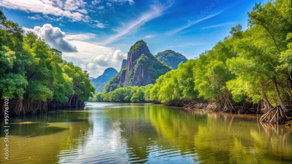 Mangrove forest and river view of Phang Nga Bay, ideal for nature lovers and travel enthusiasts Mangrove forest and river view of Phang Nga Bay, ideal for nature lovers and travel enthusiasts
