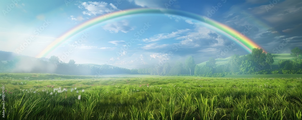 Naklejka premium Double rainbow over tranquil meadow, 4K hyperrealistic photo