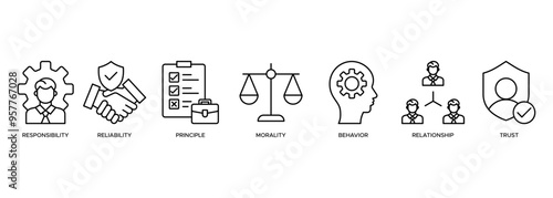 Business ethics icon vector illustration banner web concept with icon of attitude, relationship, reliability, morality, choice, business law and agreement