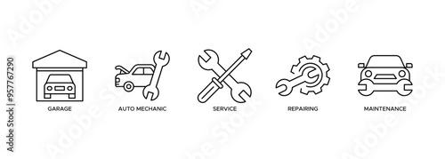 Car servicing icon set vector symbol illustration banner web concept with icon of garage, auto mechanic, service, repairing and maintenance
