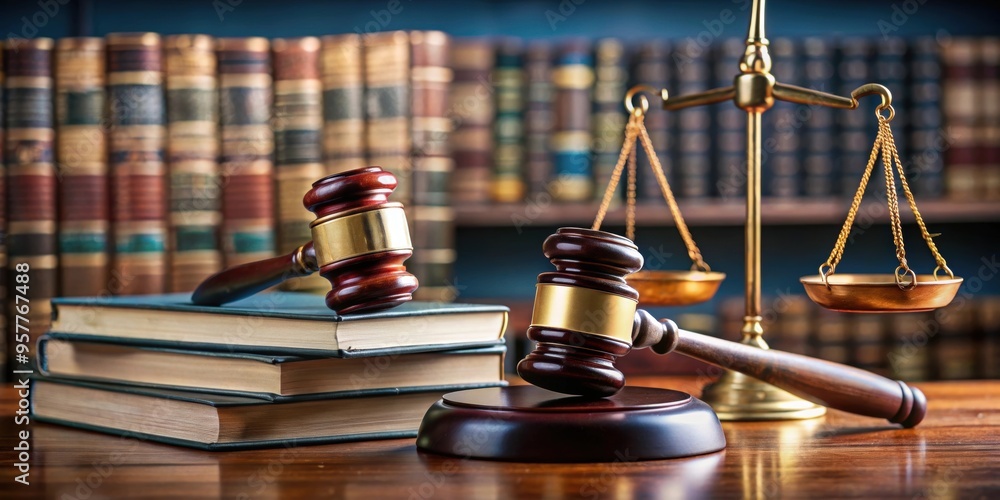 Close-up of judge's gavel with ornate scales of justice against law books background, Gavel, Judge, Scales of Justice Close-up of judge's gavel with ornate scales of justice against law books background, Gavel, Judge, Scales of Justice