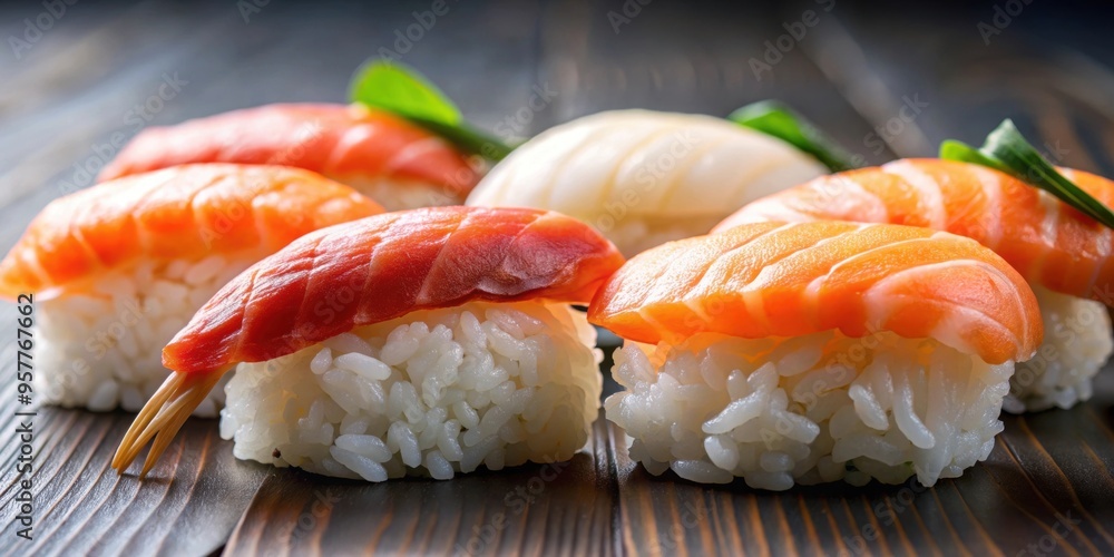 Sushi nigiri with boiled shrimp and raw Atlantic salmon on rice , seafood, Japanese cuisine, appetizer, Asian food Sushi nigiri with boiled shrimp and raw Atlantic salmon on rice , seafood, Japanese cuisine, appetizer, Asian food