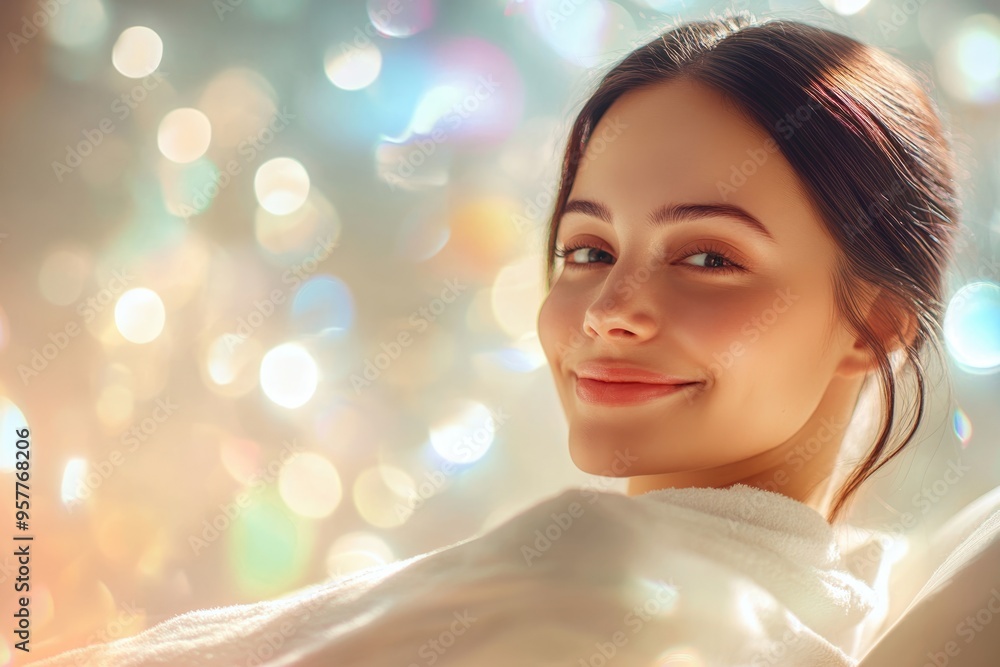 High-resolution brightly lit photorealistic photograph of a joyful presenter woman smiling gently in a luxurious massage spa, exuding relaxation. The image is styled like a high-end lifestyle High-resolution brightly lit photorealistic photograph of a joyful presenter woman smiling gently in a luxurious massage spa, exuding relaxation. The image is styled like a high-end lifestyle