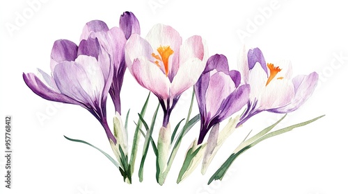 Beautiful watercolor illustration of purple and white crocus flowers with green leaves on a white background, showcasing natural elegance.