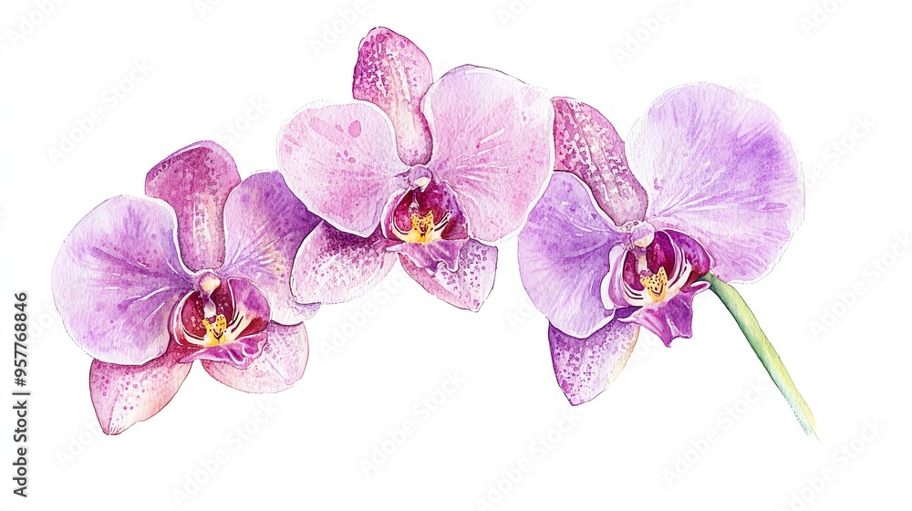 Obraz premium Watercolor illustration of three delicate, pink-purple orchids on a white background, showcasing their exotic beauty and intricate details.