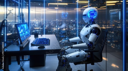 Ultra-high resolution image of a humanoid robot in a futuristic office environment with blue LED lights and transparent glass walls. The robot is seated at a desk with a keyboard and monitor, with a